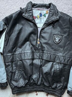 Vintage Raiders Black Leather Half-Zip Varsity Jacket